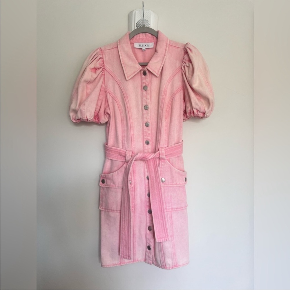 Elliatt Nautical button down Denim puff sleeve in Soft Pink Mini Dress M